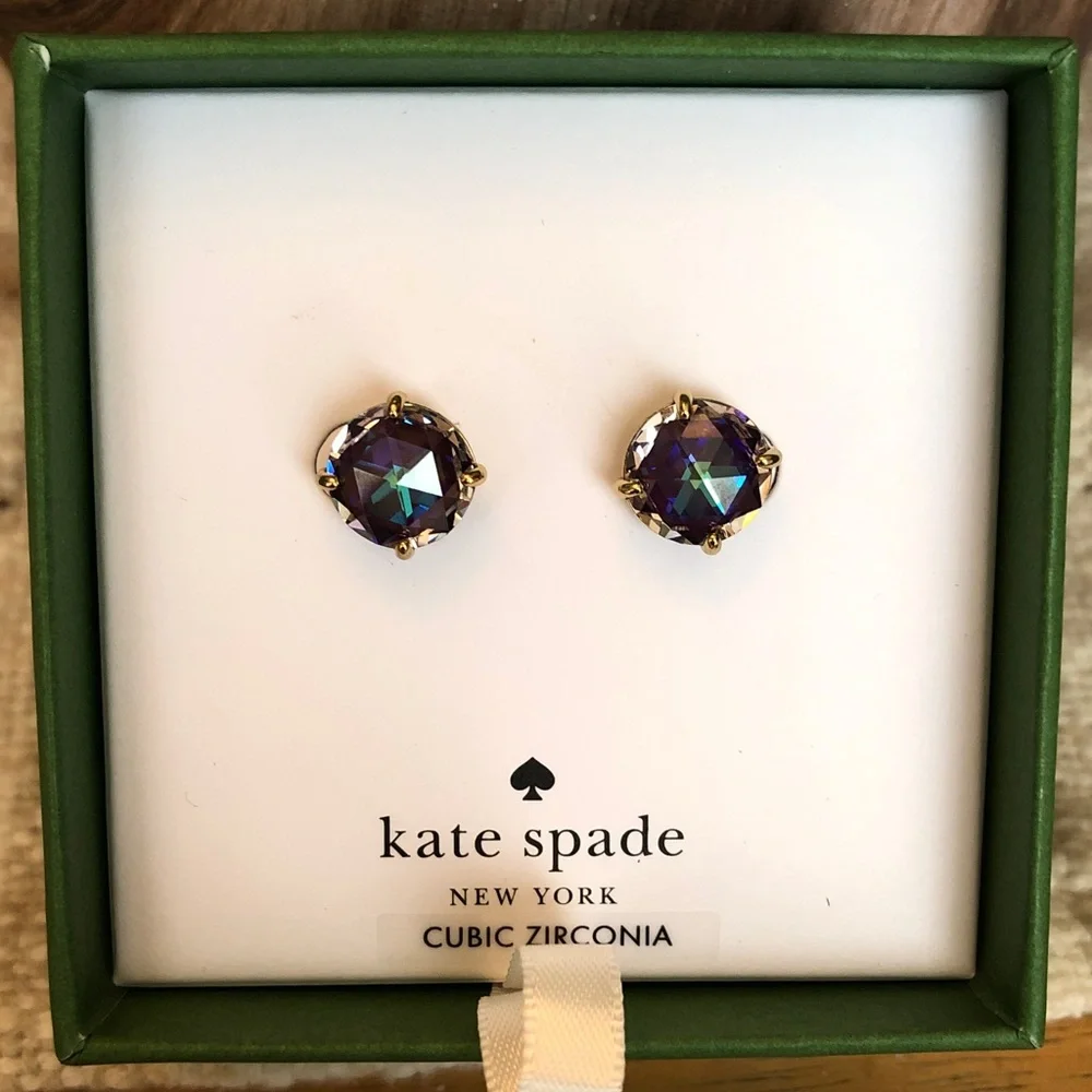kate spade Bright Ideas Gold Tone & Iridescent Berry Round CZ Stud Earrings NIB